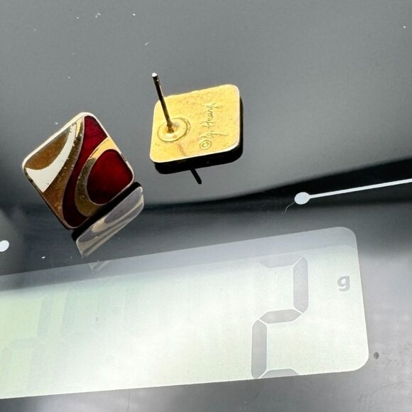 Samuel Huang Cloisonné Vintage Earrings 7/8" Red Gold Gray Enamel Square Stud - Picture 6 of 8